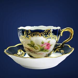 Vintage Lindner Bavaria Demitasse Cup Saucer Cobalt Gold Moss Rose Read